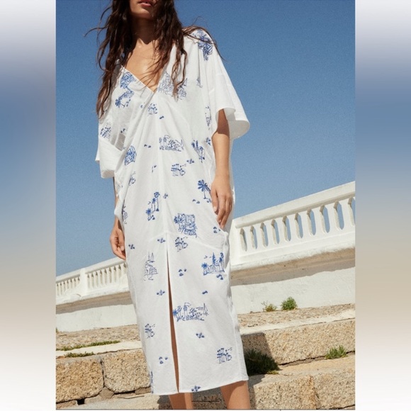 Zara Dresses & Skirts - Zara embroidered kaftan tunic dress size xs/s NWT